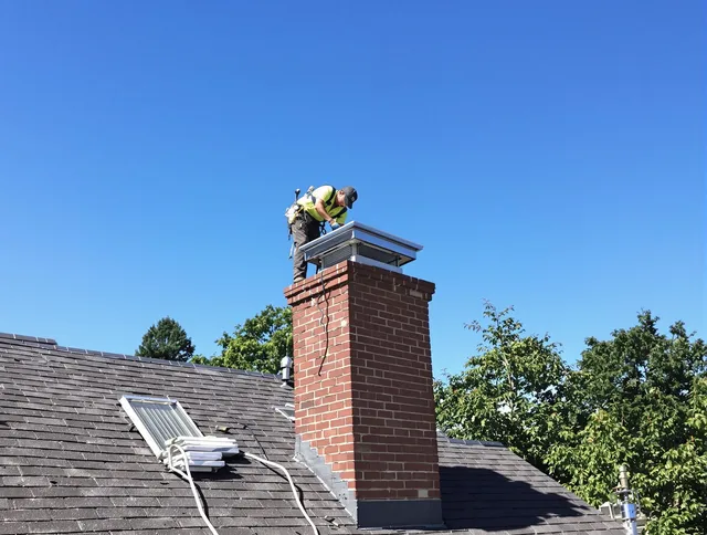 Duxbury Chimney Sweep technician measuring a chimney cap in Duxbury, MA