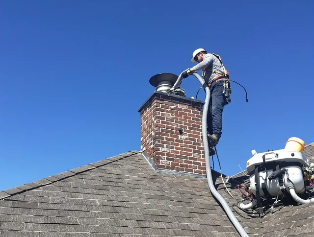 Dedicated Duxbury Chimney Sweep team member cleaning a chimney in Duxbury, MA