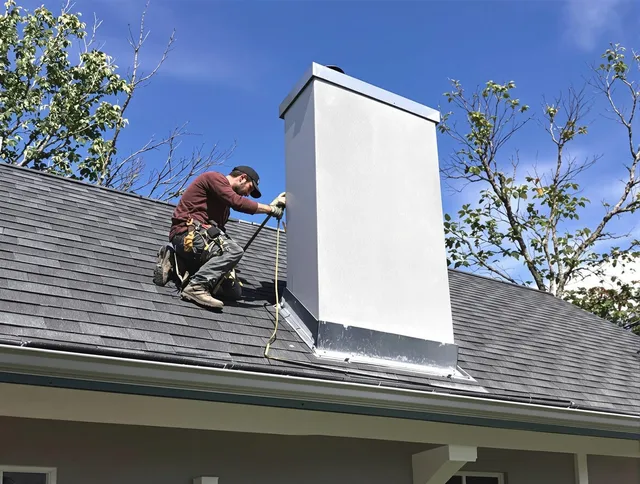 Duxbury Chimney Sweep team member finishing chimney construction in Duxbury, MA
