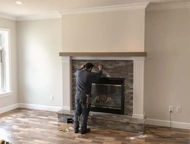 Duxbury Chimney Sweep finishing a custom fireplace install in Duxbury, MA